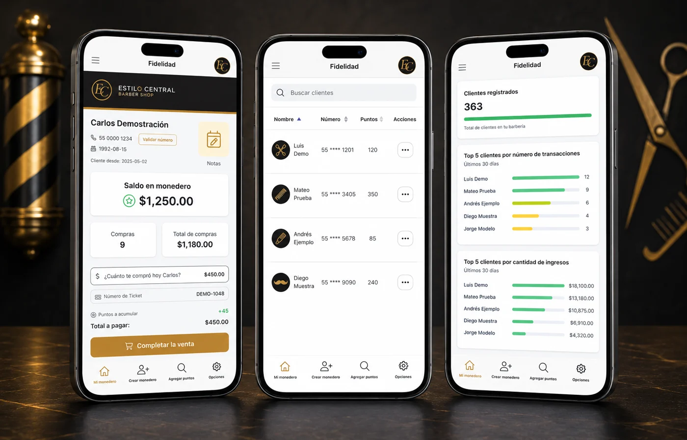 Mockups demo de la aplicación Fidelidad para barbería Estilo Central