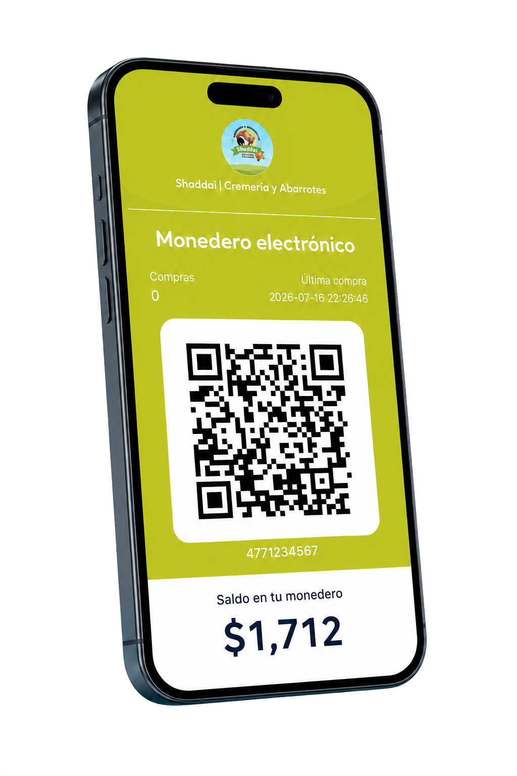 Monedero electronico de un negocio en el celular, con codigo QR y saldo del cliente